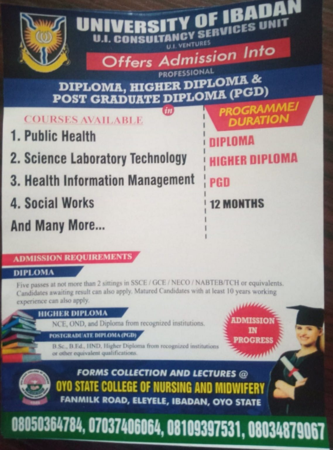 University Of Ibadan Consultancy Services Unit Diploma, Higher Diploma ...