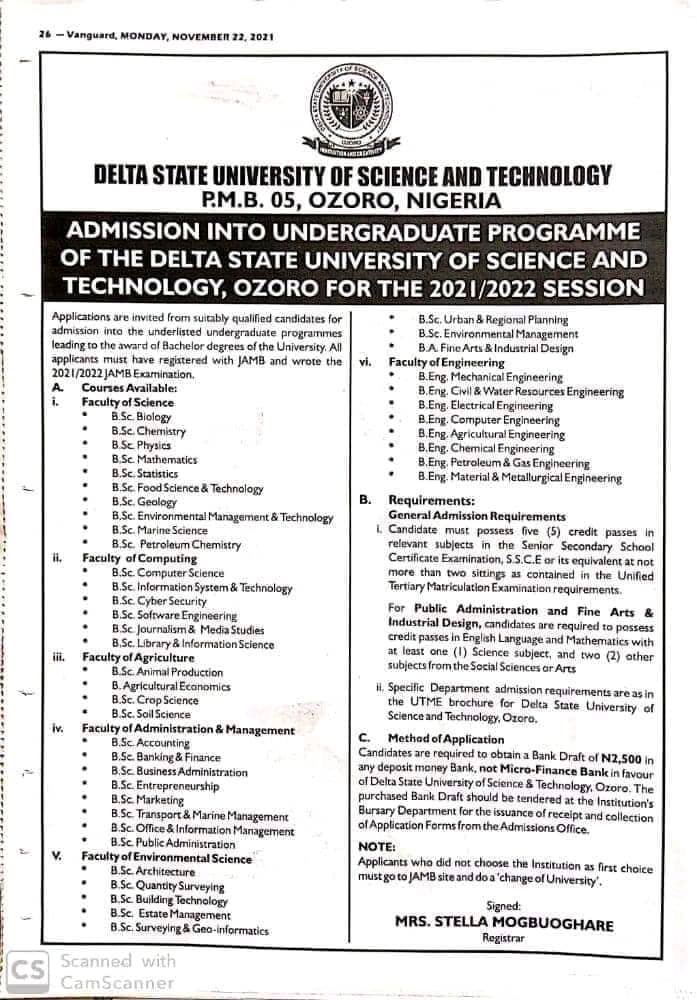 DELTA STATE UNIVERSITY OF SCIENCE AND TECHNOLOGY, OZORO RELEASES ...