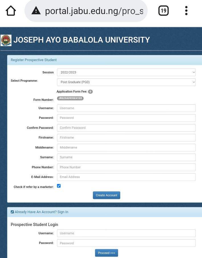 JOSEPH AYO BABALOLA UNIVERSITY, {JABU} POSTGRADUATE ADMISSION FORM FOR ...