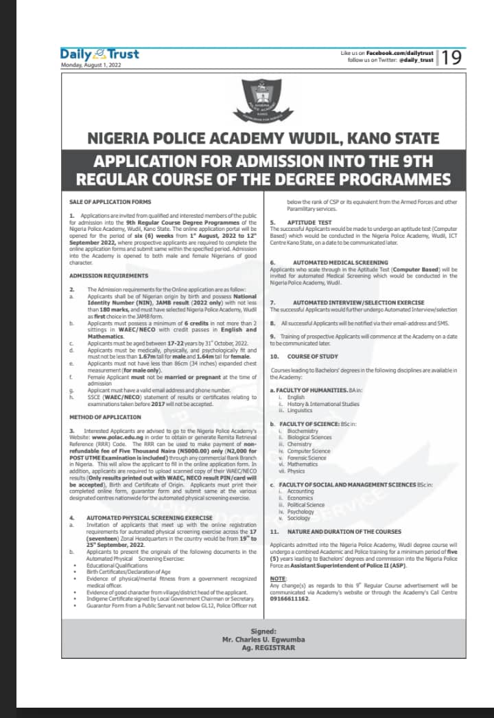 NIGERIA POLICE ACADEMY, WUDIL [NPA] RELEASES ADMISSION FORM INTO DEGREE ...