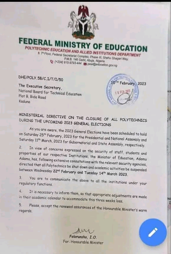 2023 ELECTION: FEDERAL MINISTRY OF EDUCATION DIRECTS ALL POLYTECHNICS ...